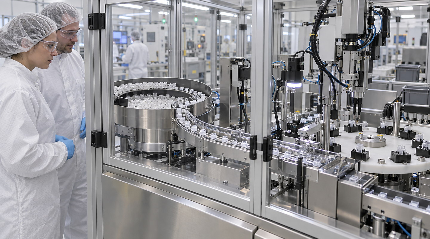 A clean production area where small medical components are gently fed into an automated assembly cell, with enclosed handling and operators visible.
